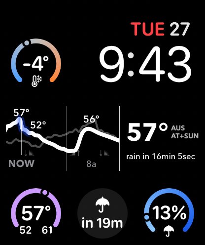 Apple Watch face with Weather Range complications, including rain in 16 minutes